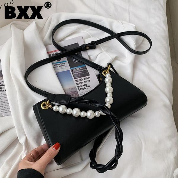 

[bxx] ladies vintage pu leather bags women 2021 fashion pearl chain shoulder hand bag lady trend handbags purses cb703