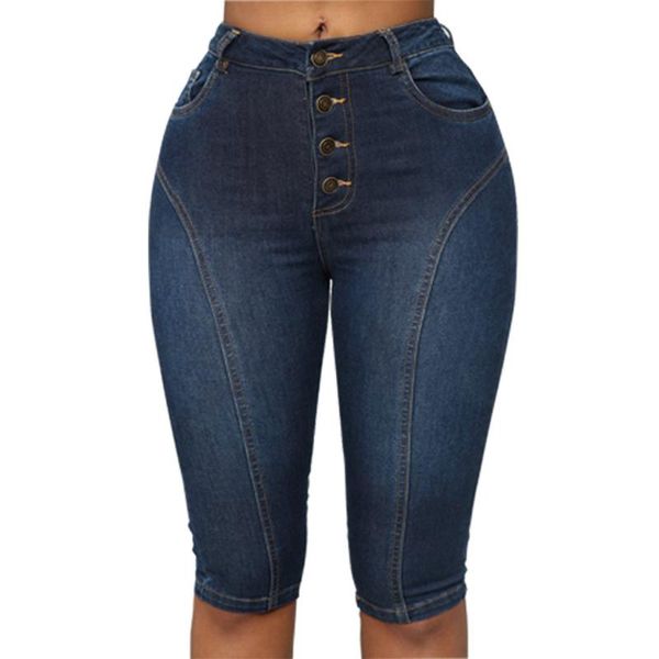 

women's jeans muqgew summer shorts women streetwear high waist button down pockets denim skinny knee-length pants#g4, Blue
