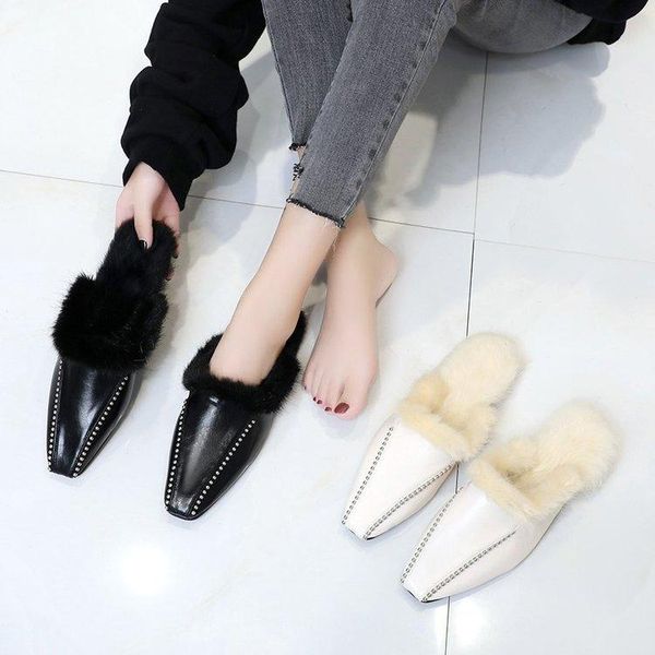 

slippers low flat with fashion solid fluffy fur women closed toe sewing concise ladies slides outside winter shoes, Black