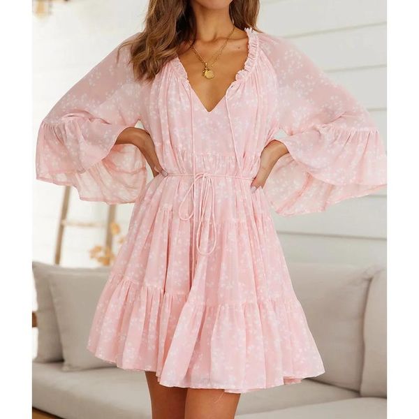 

casual dresses foridol ruffle sleeve floral print pink dress short autumn sash a-line vestidos 2021 ladies spring, Black;gray