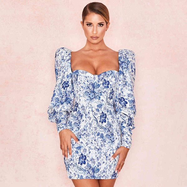 

elegant sky blue florals printed women es sweatheart neck y long sleeves fashion lady short for party autumn winter, Black;gray