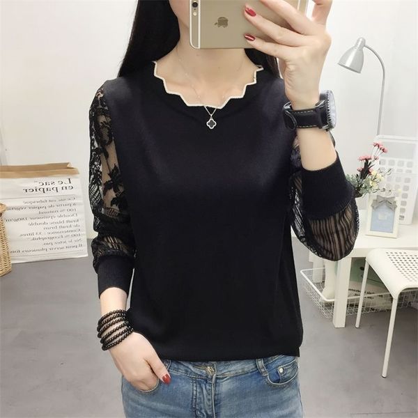 

ohclothing lace sweater female bottom blouse long sleeve loose spring thin knitted blouse trend 210806, White;black