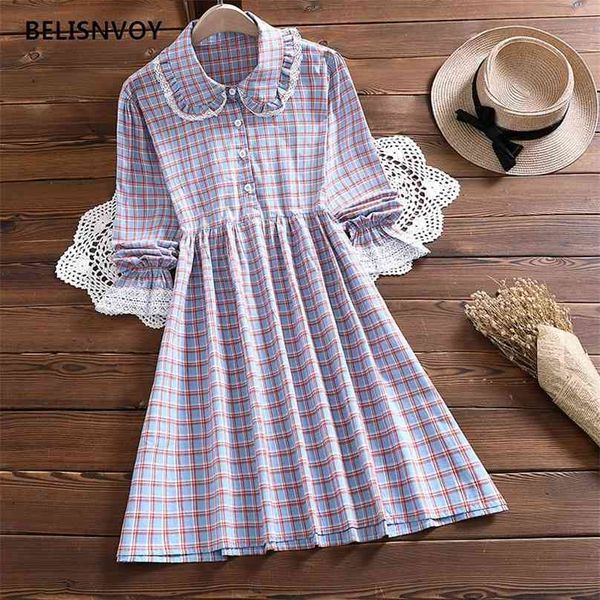 

japanese preppy style spring fall women dress peter pan collar crochet lace plaid retro long sleeve cute kawaii es 210520, Black;gray