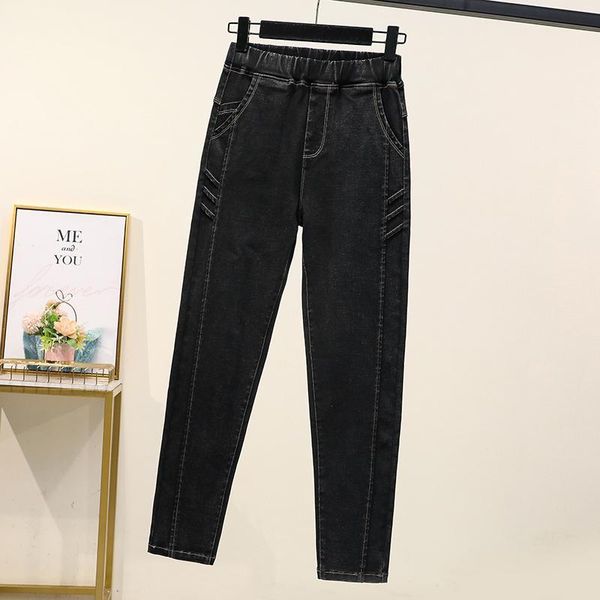 

women's jeans cocoepps women autumn plus size high waist casual denim black harem pants trouser 4xl 5xl large elastic jean, Blue
