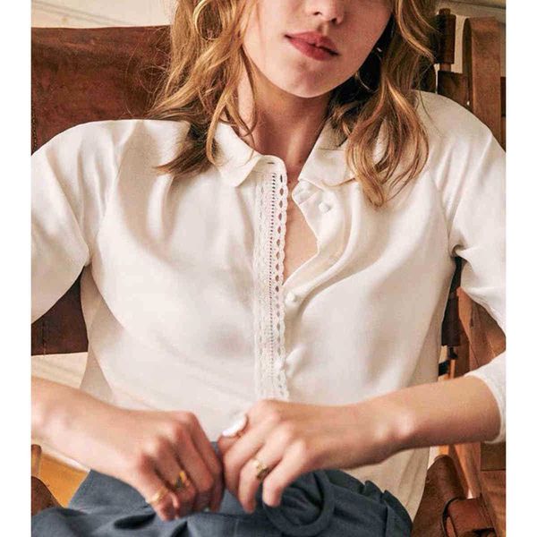 

women's blouses & shirts blouses charlotte silk women summer autumn long sleeve lace patchwork chic elegant blouse vintage office lady, White