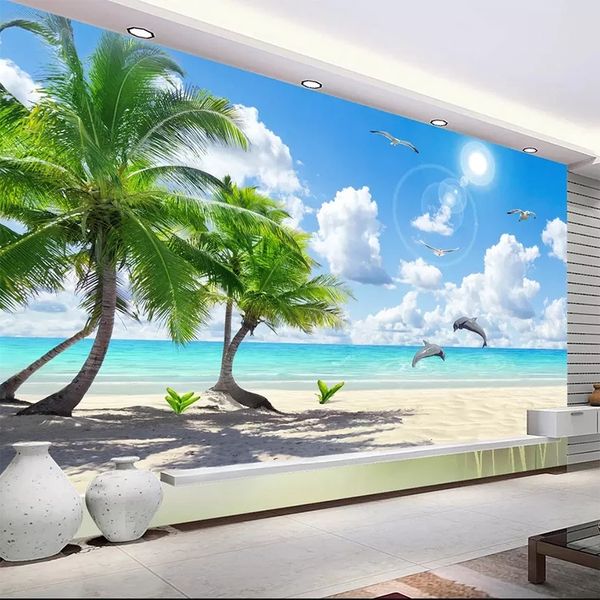 

custom 3d mural wallpaper bedroom tv background hd coconut tree beach dolphin landscape wall paper roll