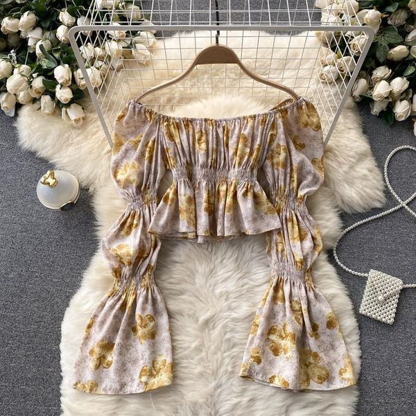 

women's blouses & shirts pinkou women floral short blouse slash neck off shoulder flare sleeve chic summer beach crop blusa la185, White