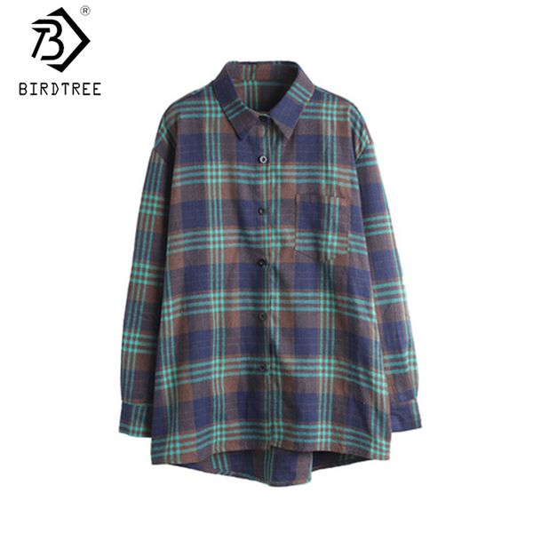 

oversize women shirts fall single breasted turn-down collar ladies loose plaid long sleeve for autumn t09913k 210419, Black;brown