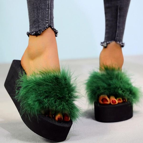 

slippers women home winter warm shoes woman open toe wedges flat colorful slides female faux fur 36-40, Black