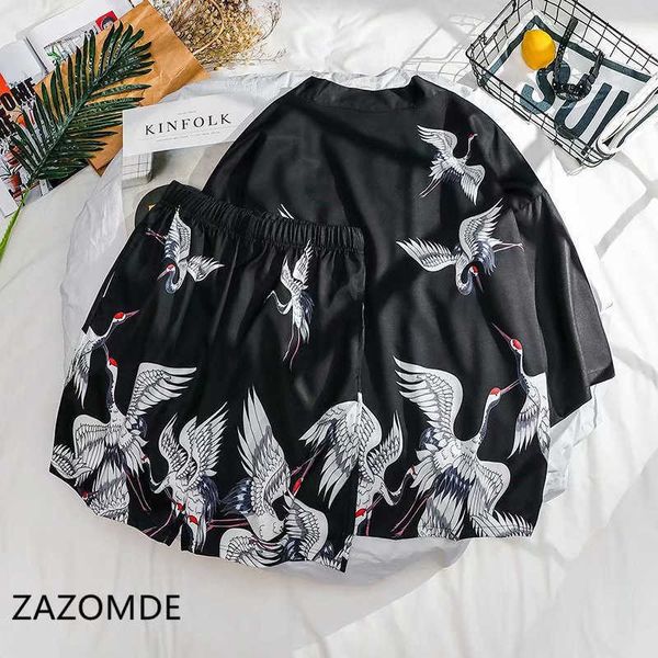 

zazomde summer mens kimono jacket plus size cardigan patterns open stitch fish crane pattern harajuku men clothing set 210714, Gray