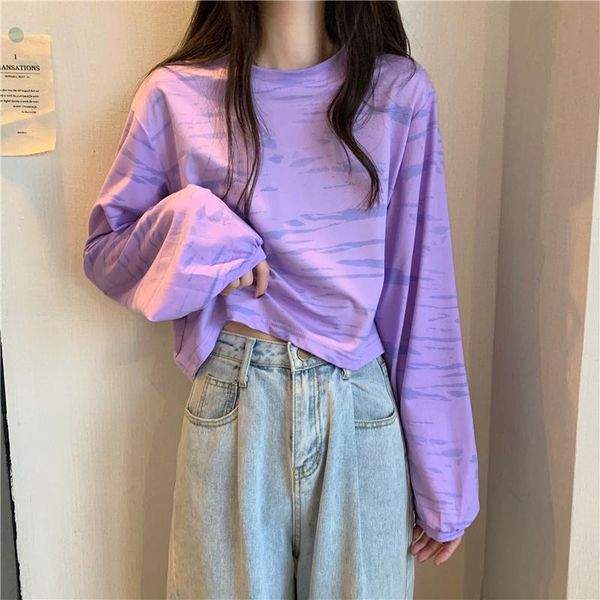 

spring autumn chic high street short t-shirts women casual harajuku tie dye gradient long sleeve bottoming tee-shirt for girls women's, White
