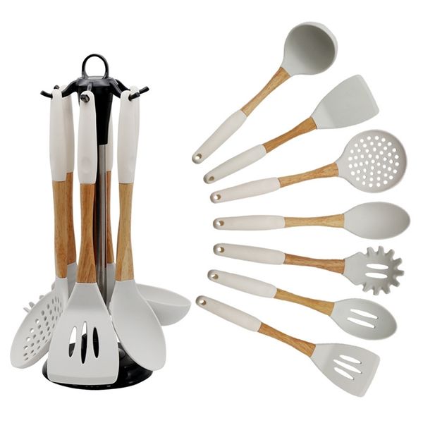

handle silicone spoon cooking set shovel wooden 6-piece kitchenware spatula