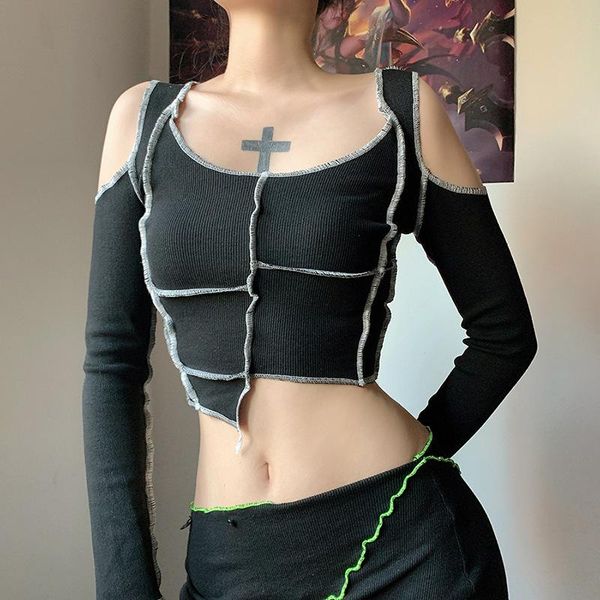 

women's t-shirt street casual punk patchwork black crop off shoulder bodycon women autumn long sleeve vintage urban, White