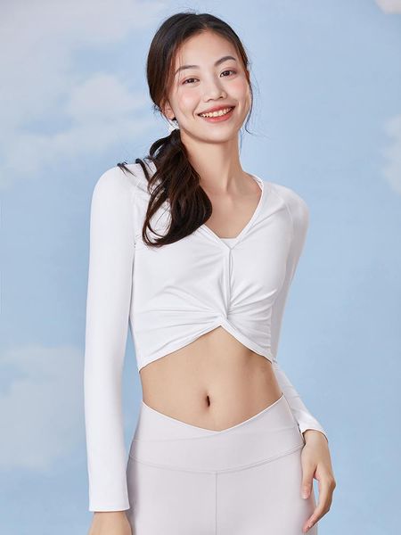 

yoga outfit comfortable fashion sports for women summer long sleeve short t-shirt running clothes knot design workout