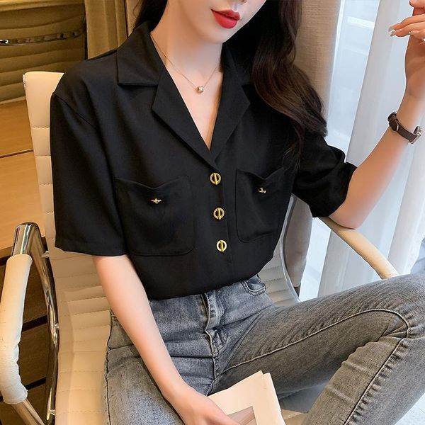 

women's blouses & shirts chiffon women summerpockets short sleeve fashion solid korean style loose chic womens vintage street elegant, White