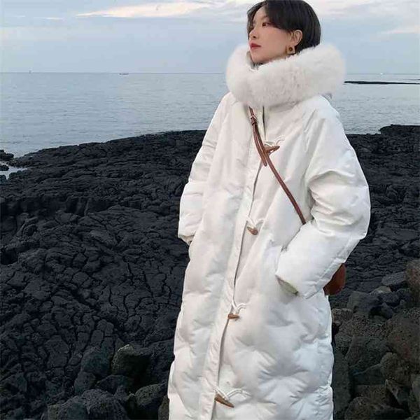 

winter women elegant thick warm white duck down coat female horn button solid real fur collar outerwear parkas 210519, Black
