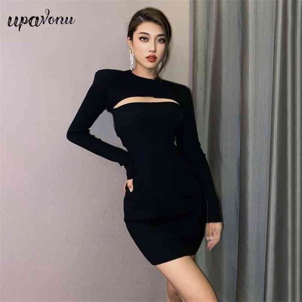 

women's black bandage dress o-neck long sleeve bodycon hollow celebrity club party dresses vestidos 210524, Black;gray