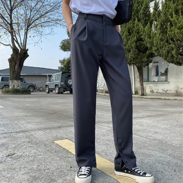 

ol solid high waist suit pants womenzipper pocket loose long straight wide leg fashion trousers female 210421, Black;white