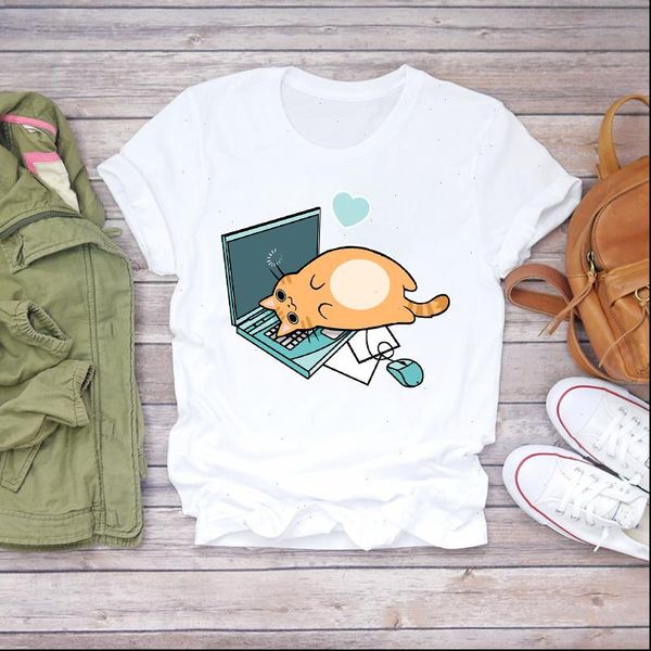 

women cat t shirt cartoon fashion 90s print short sleeve clothing summer shirts graphic female ladies womens tee, White