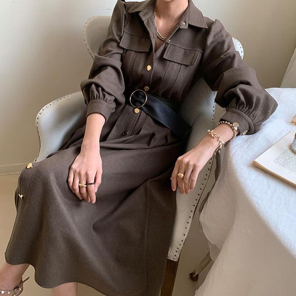 

casual dresses [ewq]2021 winter female turn down neck single breasted solid color long sleeve over knee minimalist lace up woolen dress 8q07, Black;gray