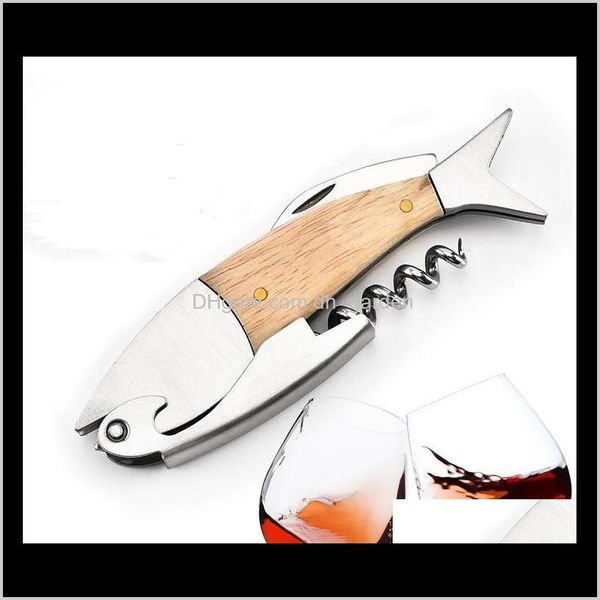 Öffner Küchenwerkzeuge Küche, Esszimmer Bar Hausgarten Drop Lieferung 2021 Multifunktions-Korkenzieher Weinflasche 3D-Fischform Holzgriff offen