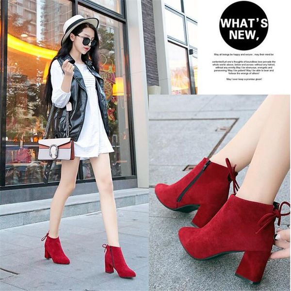 

autumn women high-heeled shoes boots red suede short woman fashion zipper pointed ankle casual footwear, Black