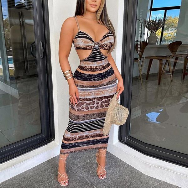 

casual dresses women summer sling backless long dress sleeveless hollow out party elegant vintage pattern print beach vestidos, Black;gray