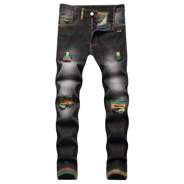 

men's jeans 2021 clothes casual black worn mid-waist denim trousers, Blue