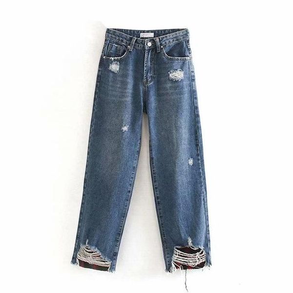 

women's jeans long length loose trousers wide leg streetwear buttoms baggy denim jeansy damskie fashion women holes mom pants, Blue