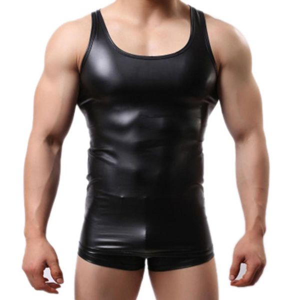

men's vests men solid color sleeveless low-cut faux leather slim vest gym tank top, Black;white
