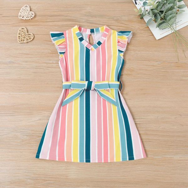 

girl's dresses fashion girls toddler baby girl outfits stripes color contrast ruffle stitching dress casual children clothes 2-7t, Red;yellow