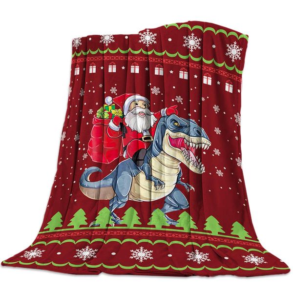 

Throw Blanket for Sofa Couch- Christmas Santa Claus Riding a Dinosaur Red 59 x 79 Inche Flannel Bed Blanket Lightweight