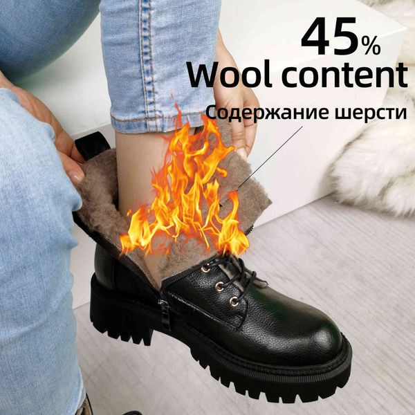 

dress shoes women ankle boots wool fur platform fashion warm mid heel motorcycle genuine leather winter lace up 43 rax9, Black