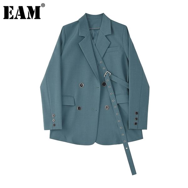 

[eam] women blue button ribbon big size blazer lapel long sleeve loose fit jacket fashion spring autumn 1z705 210930, White;black