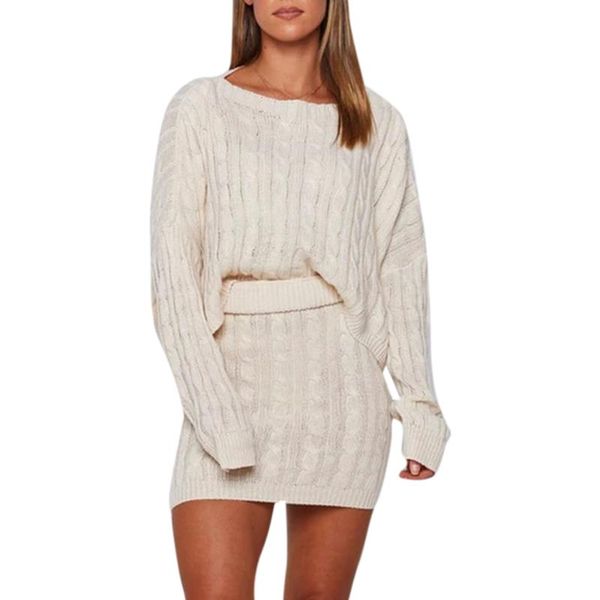 

women's sweaters women sweater knitted clothing o-neck solid long sleeve crop and skirt set autumn clothes womens knitwear, White;black