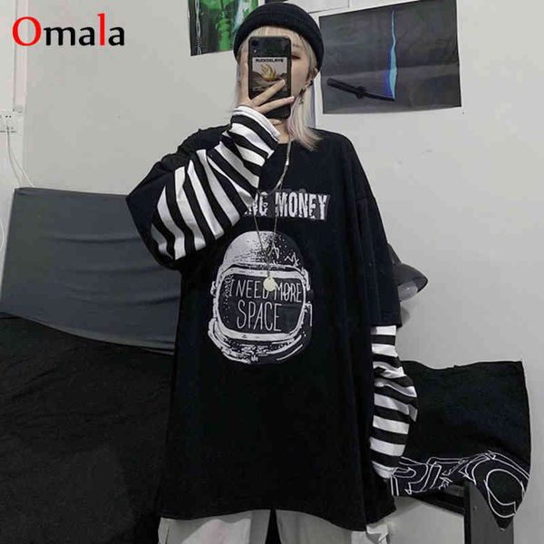 

autumn casual letter print o-neck stripe tees creativity loose t-shirts women long sleeve oversize hip hop streetwear, White