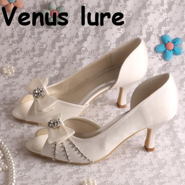 

dress shoes handmade mid heel wedding peeptoe ivory satin women crystal pumps, Black