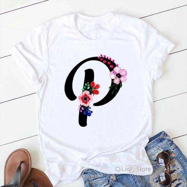 

26 alphabet letter womens t shirt a to z combination flowers print femme 90s lovely tee women custom, White