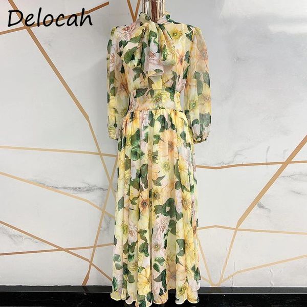 

delocah spring women fashion designerÂ party a-line dress bow lantern sleeve floral print ladies slim chiffon long dresses 2021 casual, Black;gray