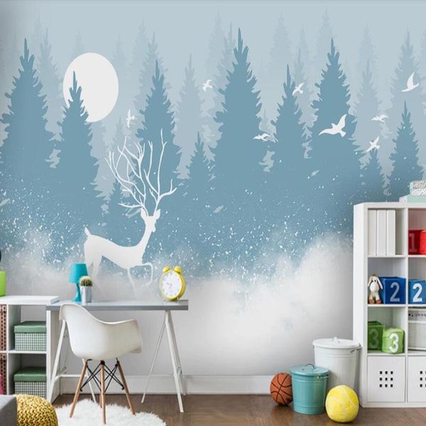 

wallpapers custom 3d wallpaper mural minimalist hand-painted forest elk flying bird children's room background wall decoration painting