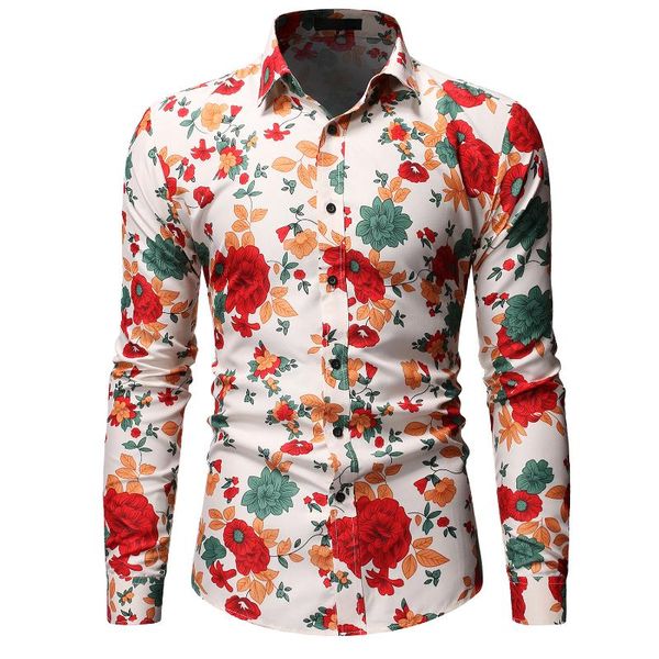 

men's casual shirts 2021 men long sleeve floral print fashion slim brand party holiday dress flower shirt homme 2xl, White;black