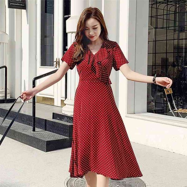 

women chiffon dress summer fashion female short sleeve lace up polka dot casual dresses elegant a-line vestidos 210423, Black;gray