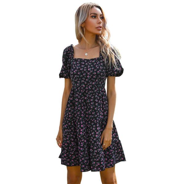 Square Collar Slow Sleeve Floral Impressão Backless Dress Mulheres Ruffle Dobra Elegante Boho Casual Streetwear Praia Vestidos de Noite 210608