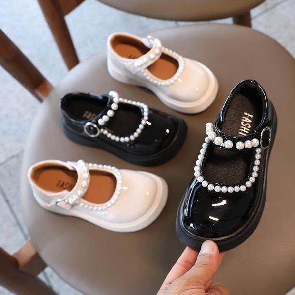 

flat shoes children' single autumn fashion girls princess soft sole little leather big pearl perfor, Black;grey