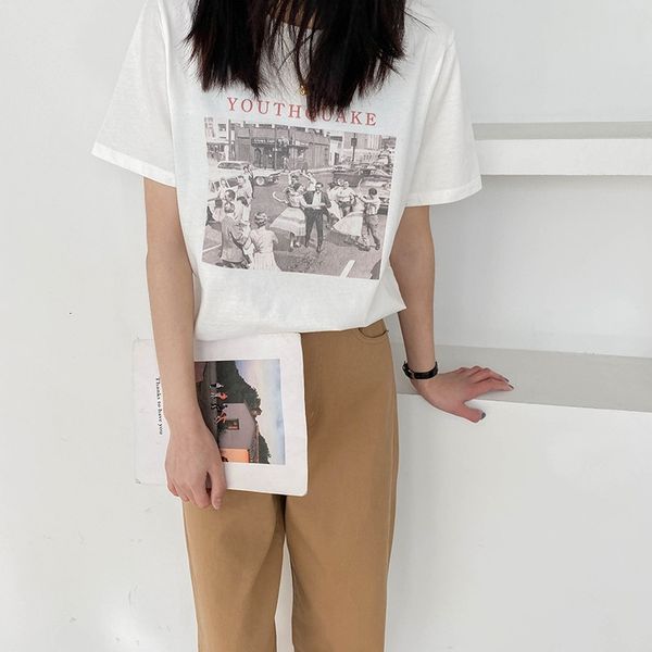 

women's t-shirt summer t shirt short sleeve cotton white t-shirts vintage print for tees blusa p32w