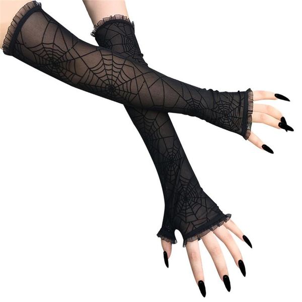 

five fingers gloves long without spider web arm cover black wrist sleeves mesh fingerless for party, Blue;gray