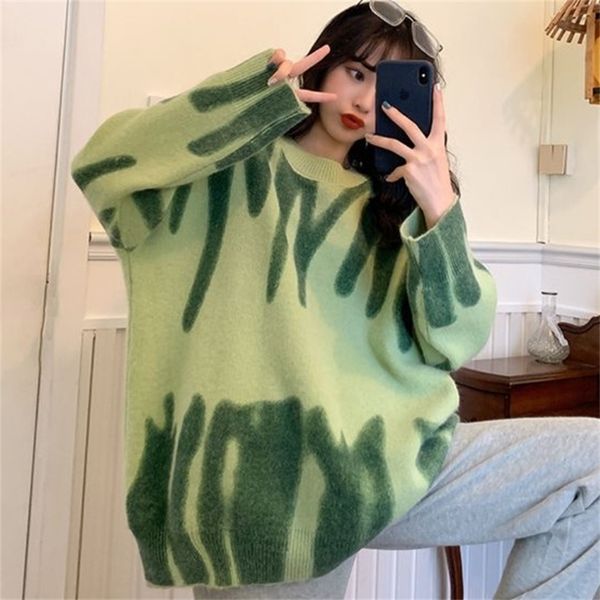 

oversized sweater green pullover women knitted loose winter o-neck harajuku sueter mujer pull tie dye outerwear 210914, White;black