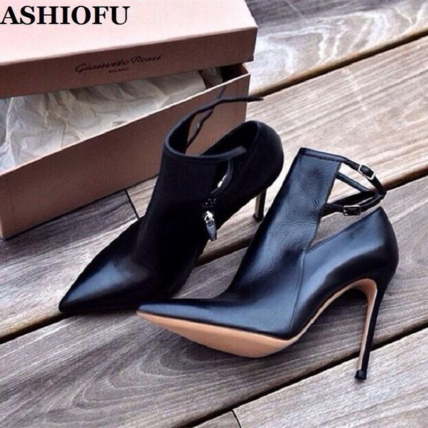 

dress shoes ashiofu handmade women stiletto heel pumps buckle strap pointed-toe office-lady evening fashion court, Black