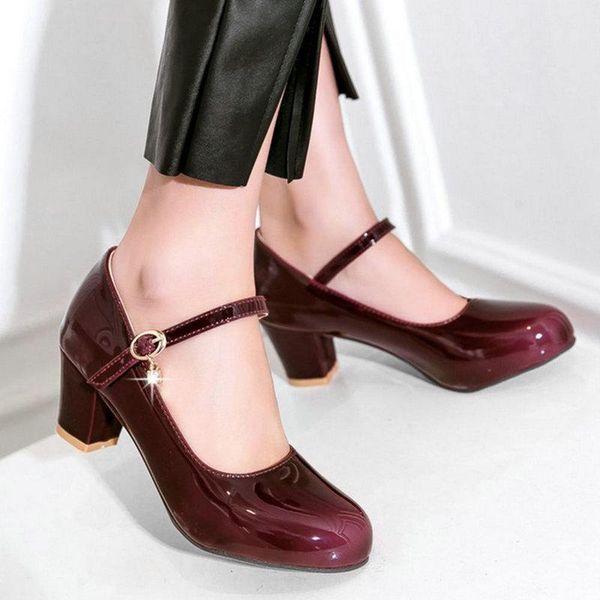 

dress shoes agodor women mary janes mid block heel patent leather pumps all match casual round toe fashion size 32-48, Black