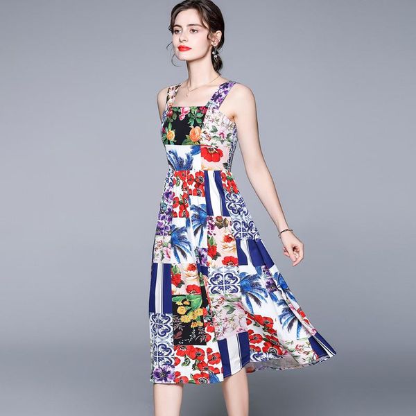 

casual dresses summer women's dress french retro square neck print suspender floral lady party sundress, Black;gray